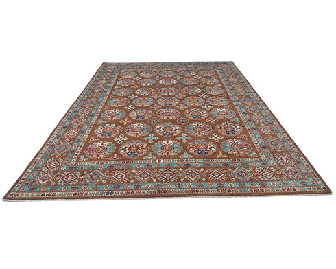 8x11 Brown Kazak Afghan Hand Knotted Geometric Wool Area Rug